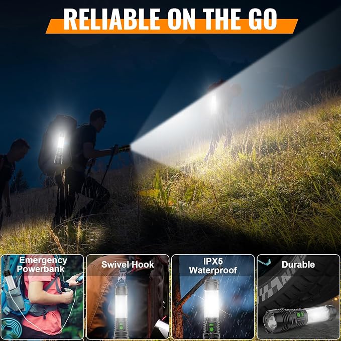 Hoxida Rechargeable Camping Lanterns Flashlight High Lumens- 2000 Meters Long Beam Super Bright LED Flashlight, Waterproof Camping Tent Lights 5 Modes, Zoomable Camp Flashlight Lantern 2pcs
