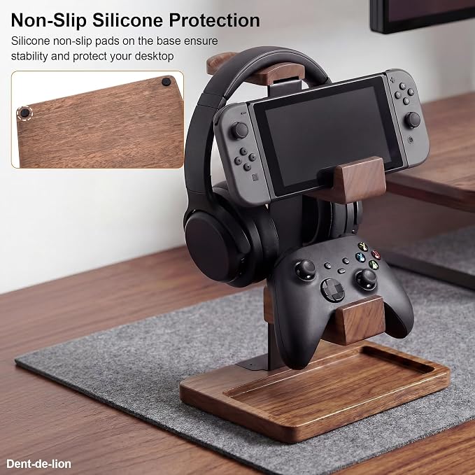 2-in-1 Solid Wood Headset Stand with Dual Game Controller Holder | Gaming Headphone Stand with Storage Base, 6 Joystick Sponge Rings and 8 Thumb Grips Gaming Equipment Accessories for Desk