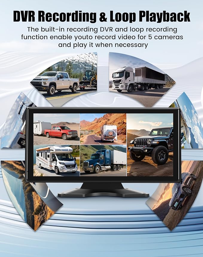5 Channel Backup Camera System for Truck & RV – 10.36” IPS Touch Screen Monitor with 5 1080P HD Cameras, Smart BSD Alert, DVR Loop Recording, IP69 Waterproof Dash Cam for Semi Truck, Trailer, Van