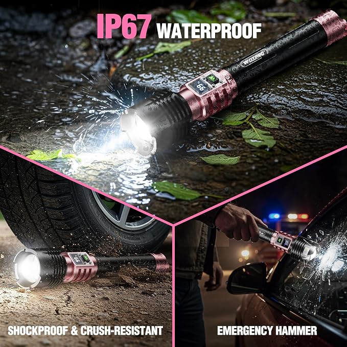 WdtPro Rechargeable LED Flashlights High Lumens, Super Bright 90000LM Rechargeable Flashlight with LCD Display, 5 Modes & Waterproof Powerful 10000mAh Handheld Flashlight for Camping Emergency Pink