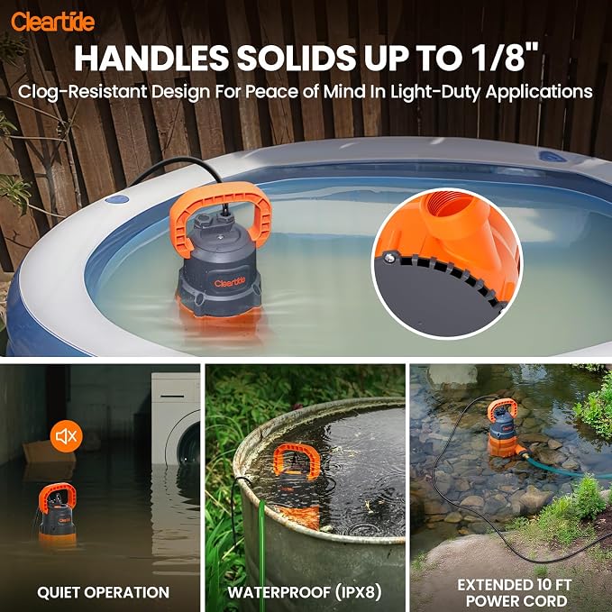 Cleartide Submersible Utility Water Pump, 2160 GPH Portable Sump Pump with Copper Motor, Plug and Work for Pond, Garden Watering, Pool Transfer, or Hot Tub Emptying