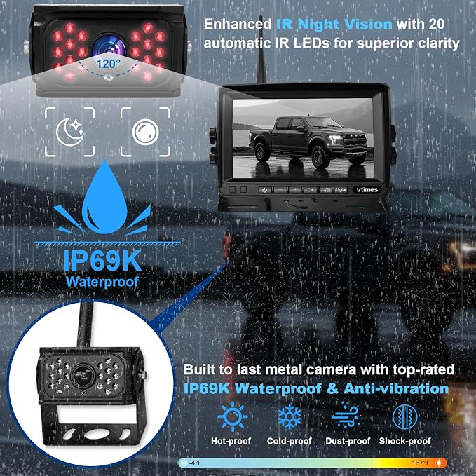 VTimes Wireless Backup Camera for Trucks, RV Backup Camera with 7" HD Monitor, 4 Channels Split Screen, BSD Alert, 984ft Signal Range, IP69K Waterproof IR Night Vision Wide Angle, DIY Guide Lines