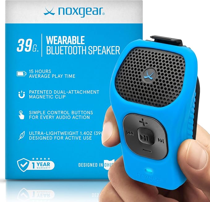 noxgear 39g Wearable Bluetooth Speaker, Magnetic Mini Clip-On EDC Gear, Waterproof Up to 15 Hours Playtime | Clip On Speaker, Wearable Speaker with Microphone, 100ft Range (Color: Bright Blue)