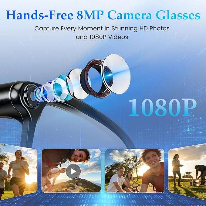 AI Smart Glasses with 8MP Camera, 1080P Video Recording & HD Photos for Men Women, Open-Ear Audio Bluetooth Glasses, Photochromic Lenses, AI Voice Assistant & Translation, Clear Calls & Music