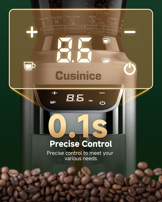 Conical Burr Coffee Grinder for Home Use, Anti-Static Espresso Grinder with 34 Grind Settings, 40mm Stainless Steel Burr, 0.1s Timer, Portafilter Holder, Touchscreen, Silver