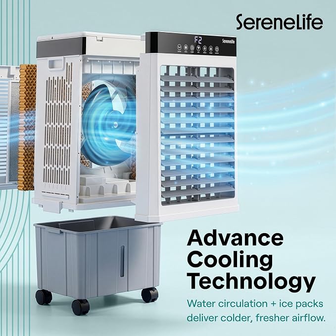 SereneLife Portable Air Cooler with 2200 CFM Power - High-Performance Evaporative Air Cooler for Indoor and Outdoor Spaces, 21 L Tank, Oscillation, 24-Hour Timer, Remote Control Cooling System