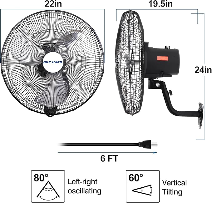 BILT HARD 20" 5200 CFM Wall Mounted Fan with Remote Control, 9-Speed Oscillating Wall Fan with DC Motor, High Velocity Whisper-Quiet Industrial Shop Fan for Garage, Warehouse
