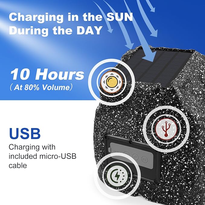 STUDIOFINIX 8" Rock Speakers Outdoor Waterproof - 5.3 Bluetooth Wireless Speaker Solar Powered Max Peak 240W for Garden,Patio,Deck,Pool,Backyard (Gray 1 Pair)