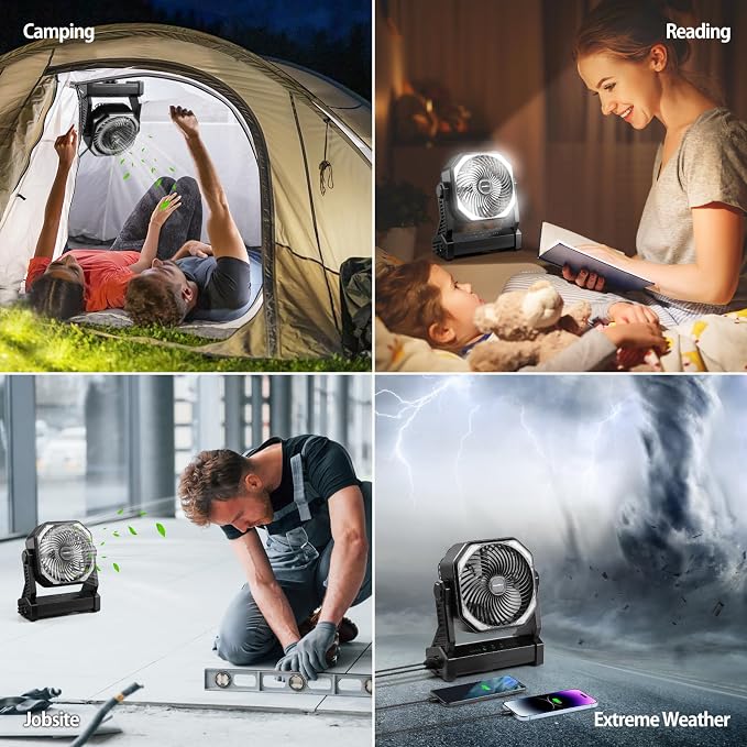 20000mAh Battery Powered Camping Fan, 58Hrs Rechargeable Portable Fan, 400LM Light, 360° Hook, Whisper Quiet Battery Operated Fan for Outdoor Car Travel Gear Essentials Power Outages Co-brand AMACOOL