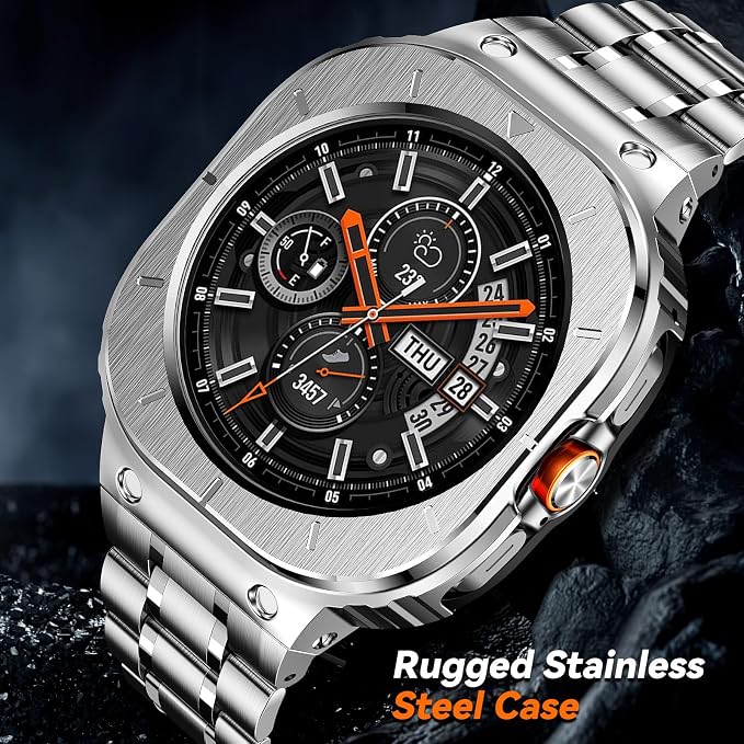 BAITEYOU Stainless Steel Bands with Case Compatible with Samsung Galaxy Watch Ultra 2/1 47mm (2025 2024), Rugged Protector Cover Metal Band for Galaxy Watch 7 8 Ultra for Men (Silver)