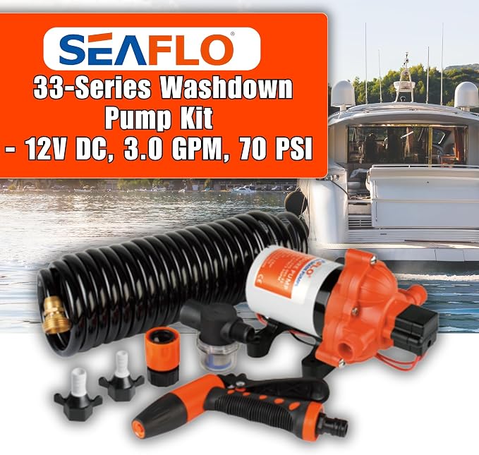 SEAFLO 33 Series Washdown Deck Wash Pump Kit - 12V DC, 3.0 GPM, 70 PSI, Heavy Duty Pressure Switch, for RV, Boat, Marine, Yacht, Freshwater, and Saltwater Applications | 4-Year Warranty
