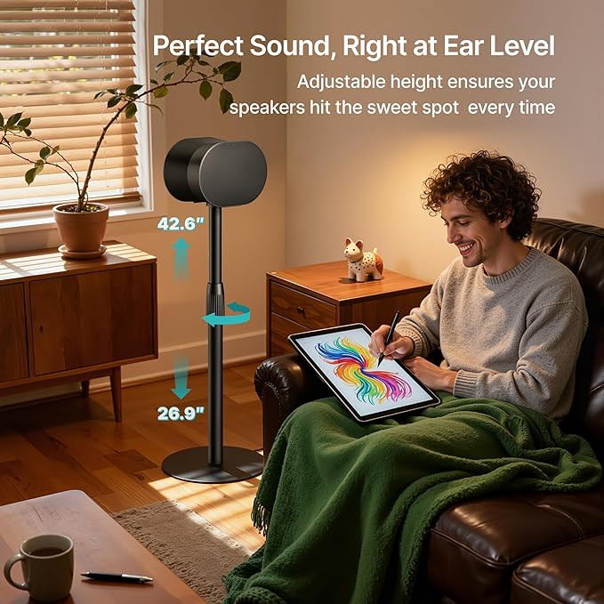 PEGZONE 26.9"-42.6" Height Adjustable Speaker Stands Compatible with SONOS Era 300 and Era 100, Floor Stands with Cable Management, Speaker Mount, Black, 2 Pack (Pair)