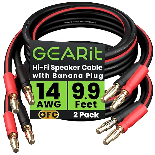 GEARit 14 Gauge Speaker Cable with Banana Plugs 9.9 Ft 2-Pack - OFC Speaker Wire, 14AWG Gauge Banana Wire for HiFi, Bi-Wire, Bi-Amp & Surround Sound, Gold Plated Tips, Black