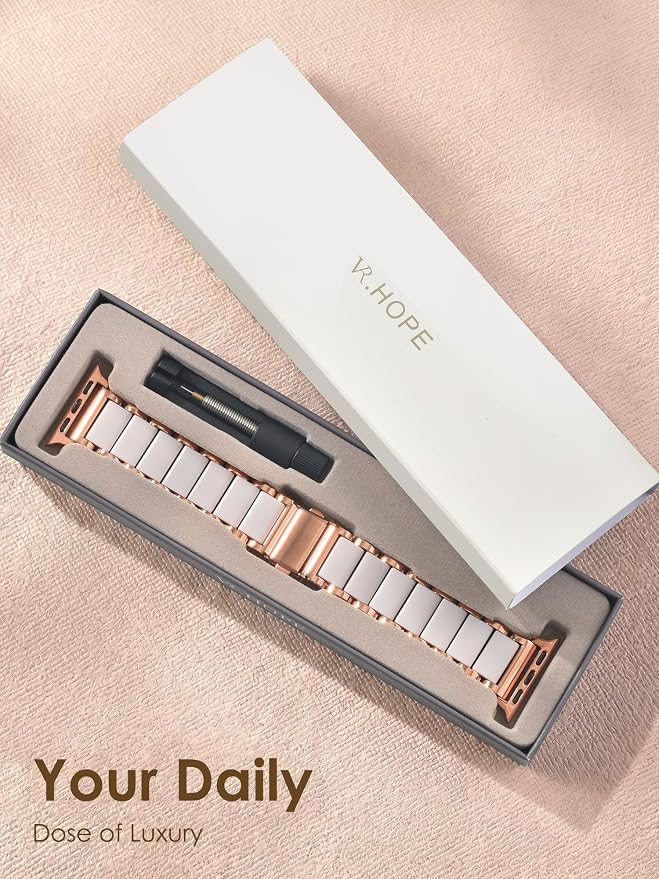 V.R.HOPE Apple Watch Band for Women 42mm 44mm 45mm 46mm 49mm Fashion Rose Gold Stainless Steel Metal Strap with Resin Inlay, Fashion Bracelet Compatible with iWatch Series Ultra3/11/10/9/8/7/6/5/4/3/2/1/SE （Starlight+Rose Gold)