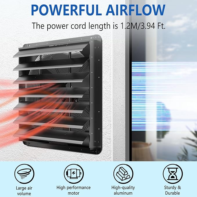 30 Inch Shutter Exhaust Fan, Aluminum Wall Mounted Exhaust Fan,9451 CFM High Speed Automatic Louvered Vent Fan for Greenhouse, Factory,Shop,Garage, ETL Listed