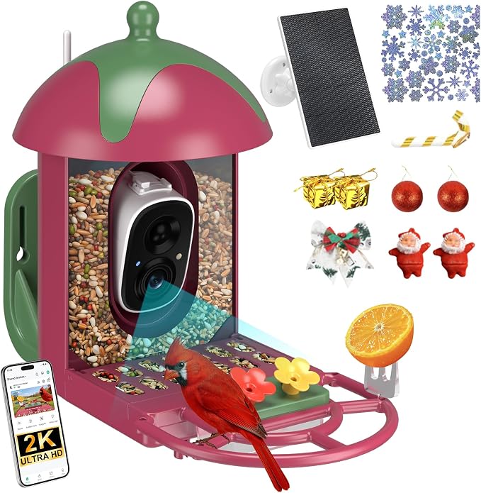Smart Bird Feeder with Camera Outdoor Birdhouse: AI Identifies 11000+ Species, 2K HD with Arrival Alerts, Attracts Hummingbirds, Dual Squirrel-Proof, Solar Powered, Gifts for Bird Lovers Mom Dad(Red)