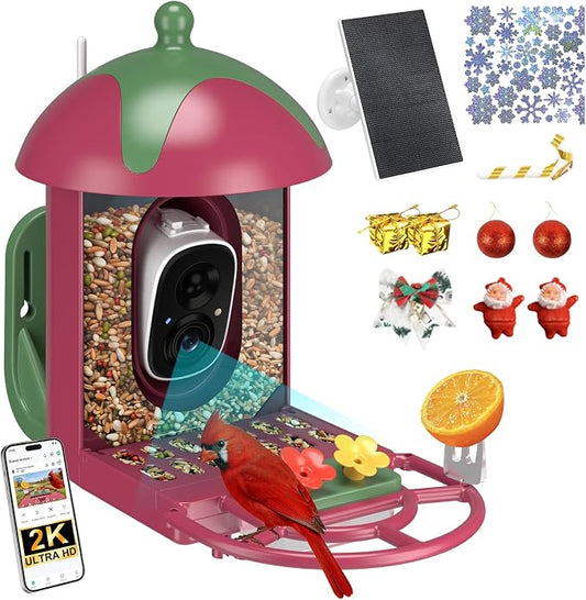 Smart Bird Feeder with Camera Outdoor Birdhouse: AI Identifies 11000+ Species, 2K HD with Arrival Alerts, Attracts Hummingbirds, Dual Squirrel-Proof, Solar Powered, Gifts for Bird Lovers Mom Dad(Red)