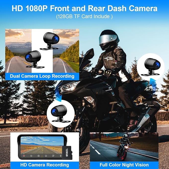 6.25" Motorcycle Carplay with GPS Navigation System, IPS Waterproof Touchscreen, Inculed SD-128GB, TPMS, HD Touch Screen Auto and Dual 1080P Camera/Dash Cam, Support iOS/Android, BT, Siri