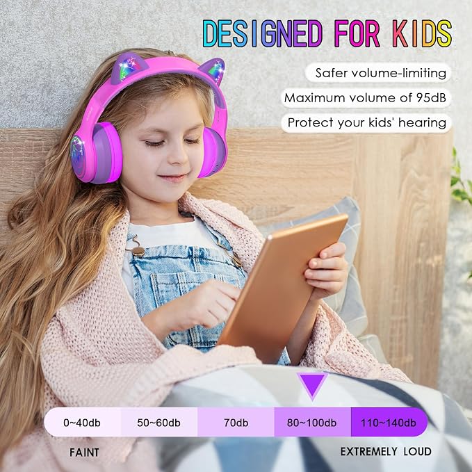 IFECCO Wireless Kids Headphones with Microphone,Foldable Cute Light Up Cat Ear Children Girls Bluetooth Headphones with Case for School Gifts Travel