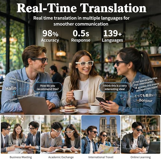 AI Smart Glasses with 8MP 4K Camera Glasses, 2026 1200P Video Recording Glasses for Women & Men, 139 Languages Real-Time Translation, Voice Assistant, Open-Ear Audio for Travel, Meetings & Vlogging