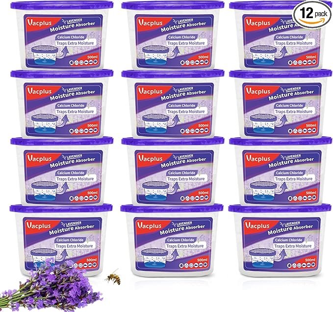 Vacplus Moisture Absorbers, 10.5 Oz Humidity Absorber Boxes Attracts Extra Moisture from Your Bathroom, Closet, Kitchen & Study, Dehumidifier, Odor Eliminator for Closet (Lavender Scent), 12 Packs