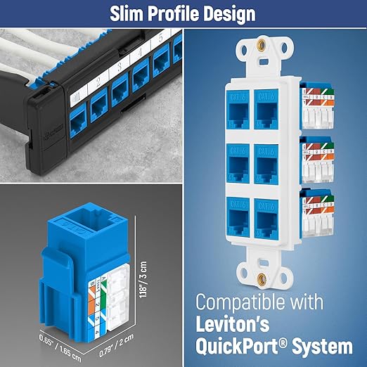 Everest 90° Angled RJ45 Cat6 Keystone Jacks 20-Pack in Blue - Slim Profile Female RJ45 Connectors - Cat 6 Keystone Jack - Compatible with 90° Angled Speed Termination Tool - easyJACK (B094WB91H3)