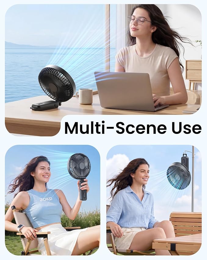 6-Inch Large Handheld Fan, 6000mAh Portable Rechargeable Fan with LED Battery Display & 10H Runtime, 180° Foldable Quiet USB-C Fan, 5 Speeds Brushless Motor for Travel Office Outdoor Makeup