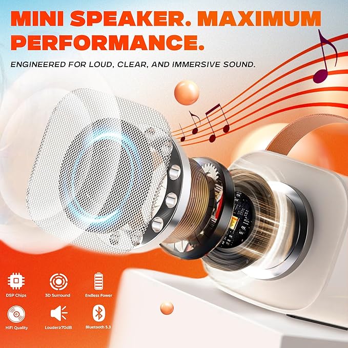 Kids Karaoke Machine with 2 Wireless Rechargeable Microphones, Portable Bluetooth Speaker with RGB Lights, Mic & Phone Holder, Beige - Birthday Gifts for Girls Boys