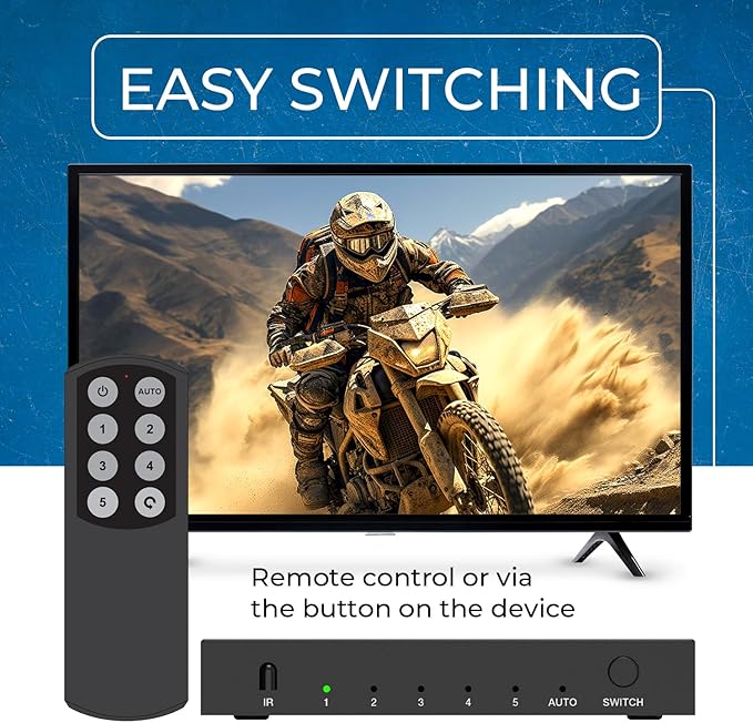 OREI 8K HDMI Switch 5 in 1 Out – HDMI 2.1 Switcher 4K 120Hz, 48Gbps 8K@60Hz, 5 Port HDMI Switch with Remote, HDR10+, VRR, ALLM, QFT, CEC for PS5 Xbox Roku Fire TV