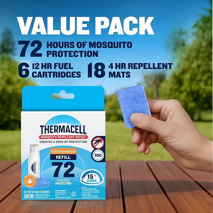 Thermacell Fuel-ZoneGuard Mosquito Repellent Refill; 15-Foot Zone of Scientifically Proven Outdoor Protection; Fuel-Powered; Patio Shield; 72-Hr Refill; Bug Spray Alternative; Scent Free; DEET-Free