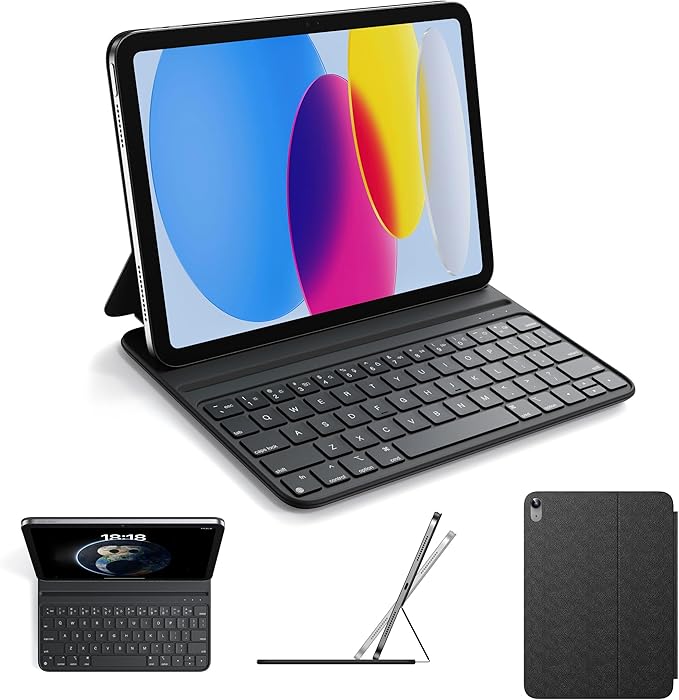 HOU Slim Bluetooth Keyboard Case for 2025 11th-Gen iPad (A16) & 2022 10th-Gen iPad, Smart Folio, Magnetic Stand with 2 Ergonomic Tilt Angles, Recyclable Synthetic Leather, Long-Life Battery, Black