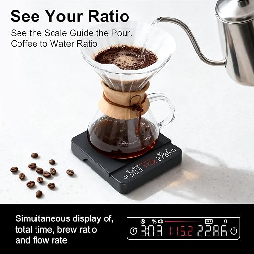 Coffee Scale, Espresso Scale, Weigh Digital Kitchen Scale with Timer, 2kg/0.1g Rechargeable Scale, Ratios & Flow Rate Display, Barista-Grade for Pour-Over, Espresso, French Press – Black