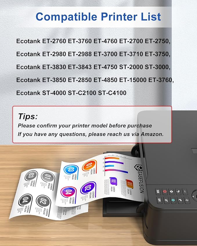EaseFusion Replacement for Epson 502 Ink Refill Bottles Work with ET-2850 ET-3850 ET-4850 ET-15000 ET 2850 ET 3850 ET15000 ET4850 ET-2760 ET-3830 ET3843 ET-3760 ET2750 ET4750 3750 (6Packs-3BK,CMY)