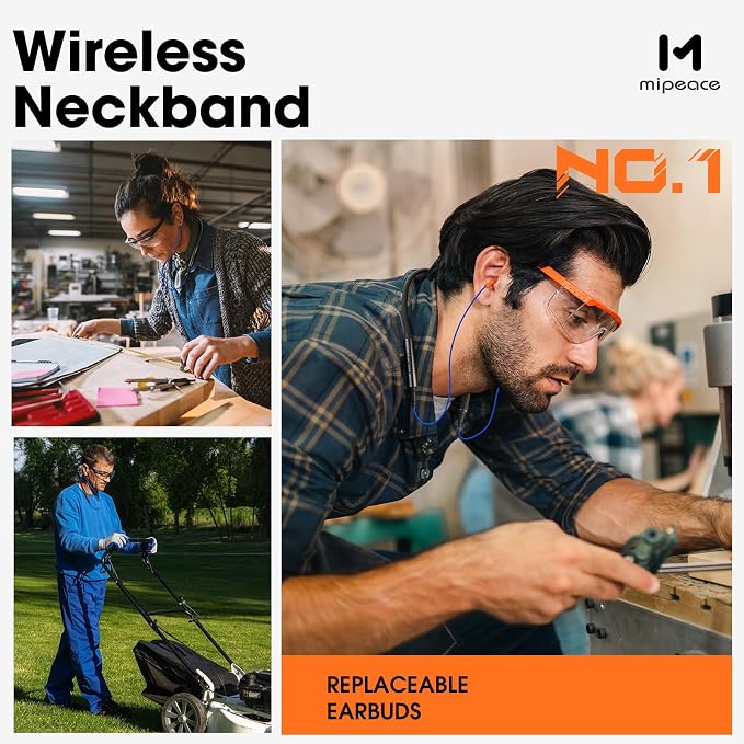 MIPEACE Bluetooth Earplug Headphones, Neckband Ear Protection Work earbuds-29db Noise Reduction Safety Headphones with Replacement Buds,19+Hour Battery for Lawn Mowing DIY (Orange)