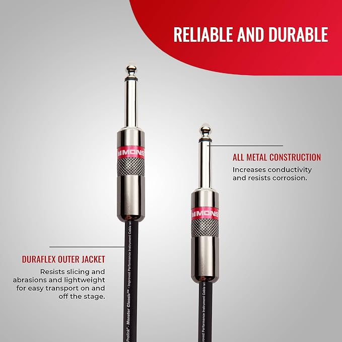 Monster Prolink Classic Instrument Guitar Cable - 12 ft Straight to Straight Instrument Cable. All Metal & Duraflex Outer Jacket. 90% Copper Braided Shield Monster Instrument Cable
