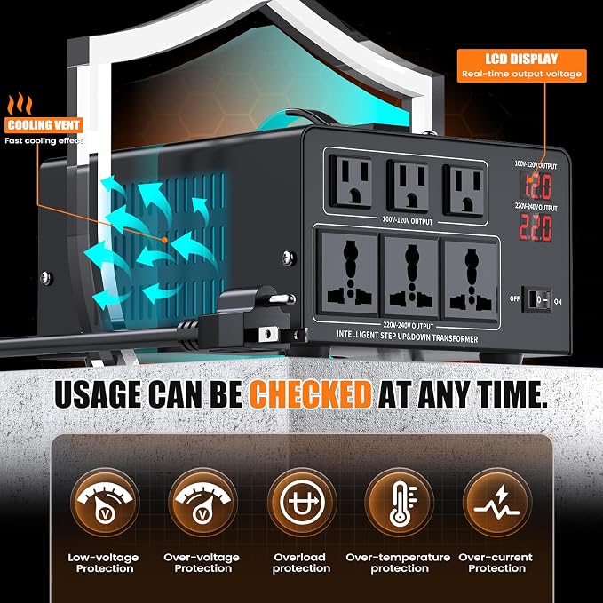 3000W Voltage Converter Transformer Step Up 110V/120V to220V/240V or Step Down 220V to 110V AC Power Converte, Circuit Breaker Protection, 3 US sockets, 3 Universal sockets, LCD Display