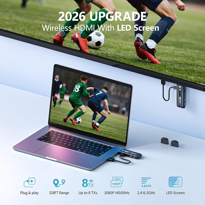 2026 Upgraded Wireless HDMI Transmitter and Receiver, WELUSOPU HDMI Wireless Extender 4K Decode Input 1080P Output, 2.4/5G, for Laptop PC TV Box to TV Monitor Projector for Home Church Office, 328FT