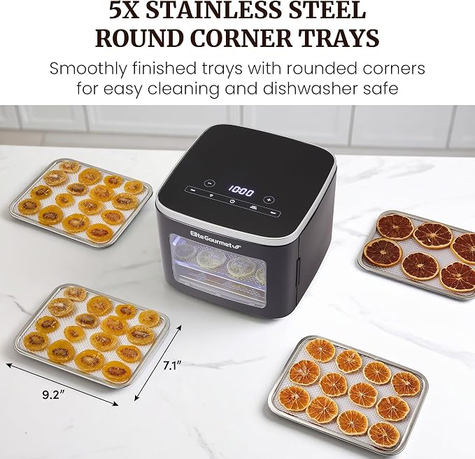 Elite Gourmet EFD809D Food Dehydrator with 5 Stainless Steel Trays, Adjustable Temp & Time + Keep Warm, Includes Interior Light, Fruit Roll Tray and Recipe Booklet, Black