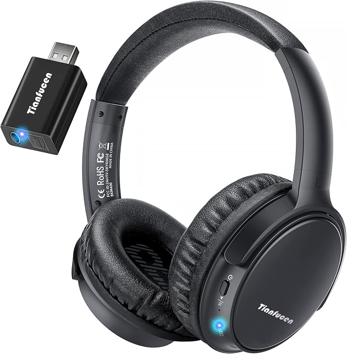 Tianfucen Wireless Headphones for TV, BKM400 TV Headphones Wireless for Seniors, TV Headphones Wireless with Easy Plug & Play USB Transmitter, No Lip-Sync Delay, 40H Playtime, Comfortable, Black