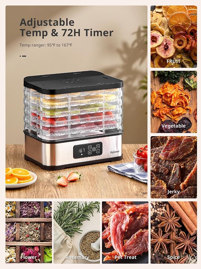 Yabano Food Dehydrator Machine for Home Use, 250W Electric Dryer with Adjustable Timer & Temperature Control, 5 Trays - Digital Presets for Fruit, Meat, Herbs, Jerky