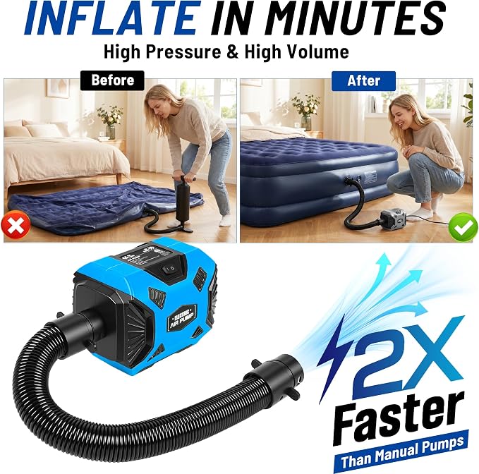 600W Electric Air Pump for Inflatables, High Power Air Mattress Pump with 6 Nozzles, Quick Inflate & Deflate Air Pump for Pool Floats, Vacuum Storage Bags, Swim Rings, Inflatable Toys