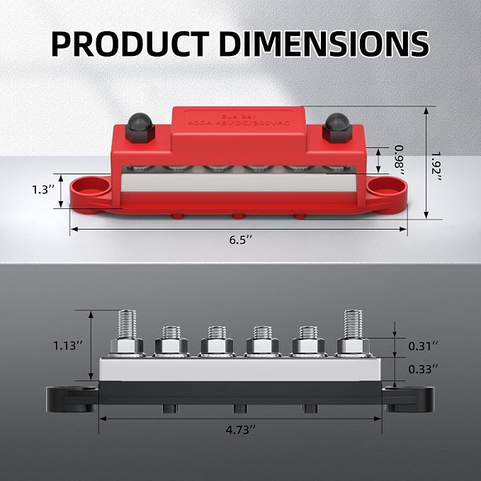 RVMARINEPAT 400A 12V 24V 48V Bus Bar with 6 x 5/16" (M8) Studs, Heavy Duty Power Distribution Block & Battery Terminal Kit with 6 Lugs for Inverter, Solar, Marine, RV (Red & Black Pair)