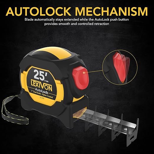 LEXIVON [3-Pack] 25Ft/7.5m AutoLock Tape Measure | 1-Inch Wide Blade with Nylon Coating, Matte Finish White & Yellow Dual Sided Rule Print | Ft/Inch/Fractions/Metric (LX-205X3)
