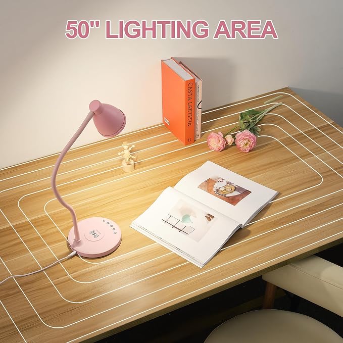 BOHON Cute Pink Aluminum Desk Lamp with USB C+A Charging Ports, Wireless Charger, 5 Colors Stepless Dimming, Touch Control, Memory Function, LED Light for Home Office College Dorm Room