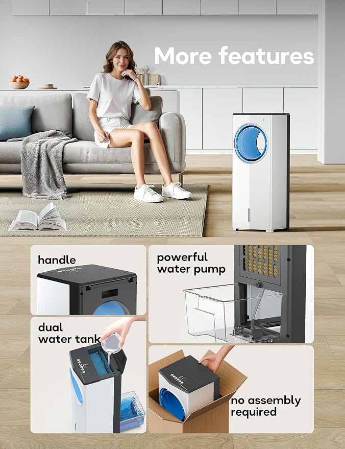 Windowless Portable Air Conditioner, 26.1" Small Evaporative Air Cooler for Room No Window, 3-Speed Settings, 4 Modes, 7H Timer, Remote Control, 4 Ice Packs, Quiet AC Unit for Bedroom, Jet