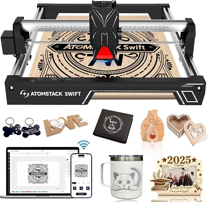 ATOMSTACK Swift Laser Engraver for Beginners, 7000mW Output Laser Cutter, Laser Class 4, 300×300mm Working Area, 0.08mm Accuacy Engraving Machine for Wood, Leather, Coated Metal, Acrylic (Swift 7W)