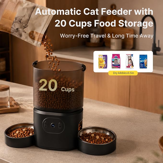 Automatic Cat Feeder 2 Cats with 3 Cameras, Dual Bowl Smart Pet Feeder, 1080P HD Video Night Vision& 2 Led Lights, 5G WiFi App Control, 1-10 Meals/Day Detachable Design with Desiccant