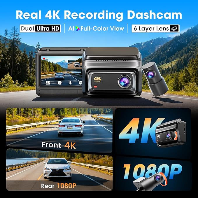 DDPAI Z60 4K Dash Cam Front and Rear, Built-in 32GB eMMC, Free 64GB Card Included, Dual Dash Camera for Cars, AI ISP Night Vision 2.0, 5GHz WiFi, GPS, G-Sensor, 7 Days AOV Parking Mode, 3" IPS, ADAS