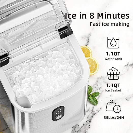 Nugget Countertop Ice Maker with Soft Chewable Ice, 35Lbs/24H, Pebble Portable Ice Machine with Ice Scoop, Self-Cleaning, One-Click Operation, for Kitchen,Office Stainless Steel Silver