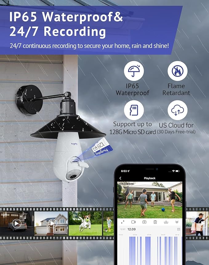 Hugolog 2K 3MP Light Bulb Security Camera 5G& 2.4GHz WiFi, 360° Wireless Outdoor Indoor Camera for Home, Motion Detection, Two-Way Talk, Color Night Vision, Siren Alarm, Compatible with Alexa